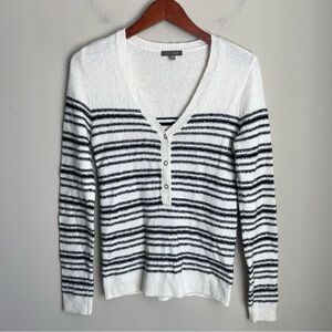 Anthropologie Lilla P White Black Striped V-Neck Henley Pullover Sweater Size XS